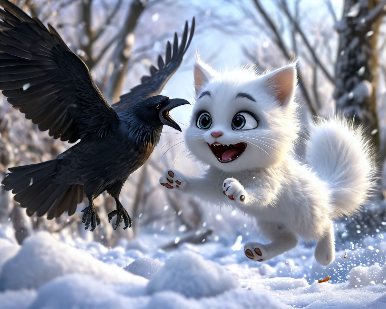 Нарисованный белый котенок играет с вороном