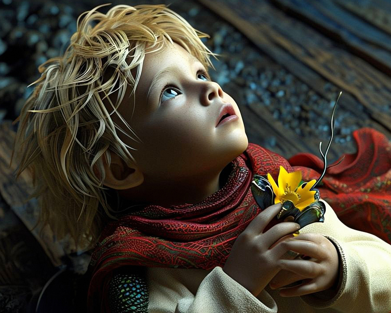 Маленький светловолосый нарисованныЙ мальчик с цветком