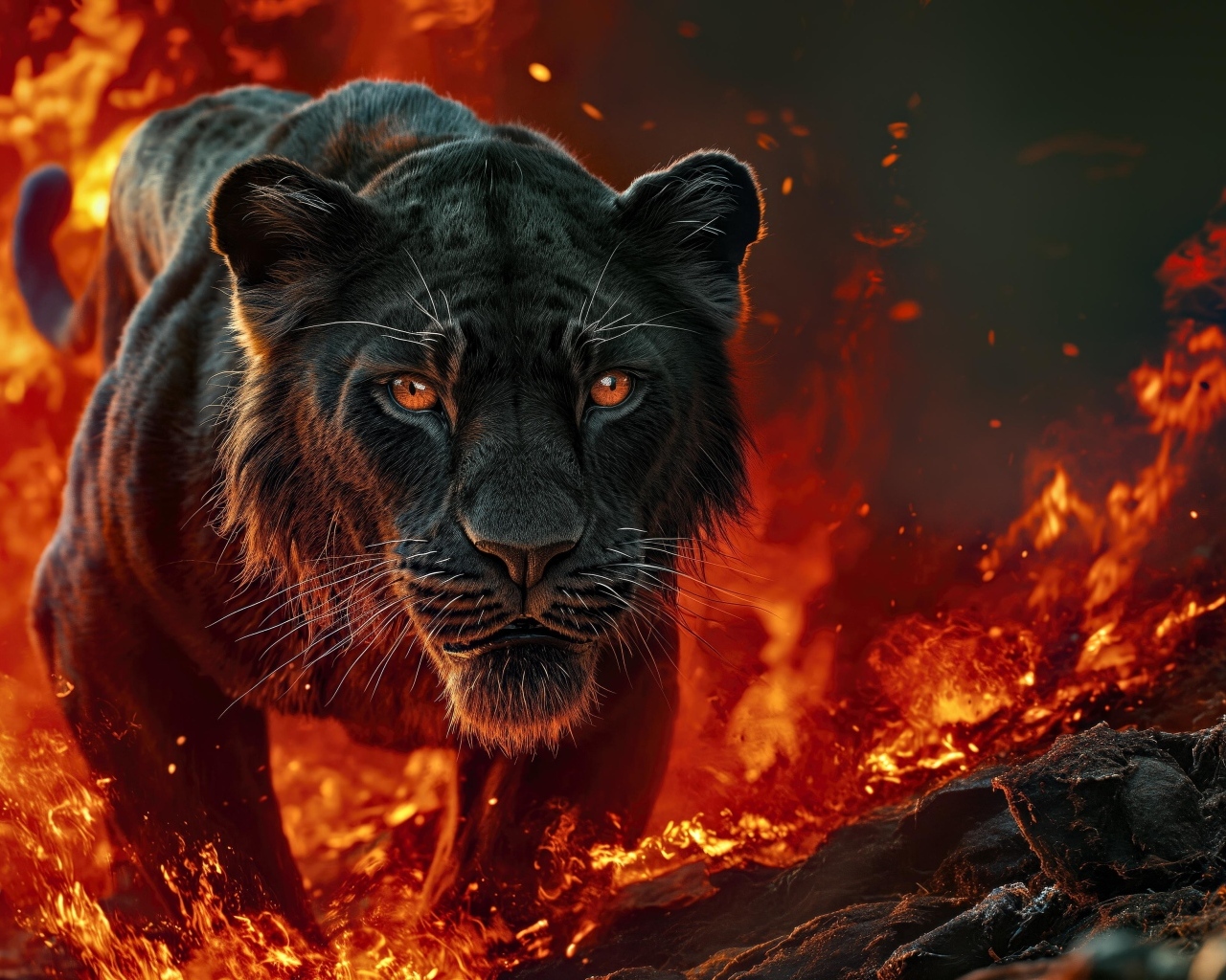 Черная пантера идет по огненной земле
