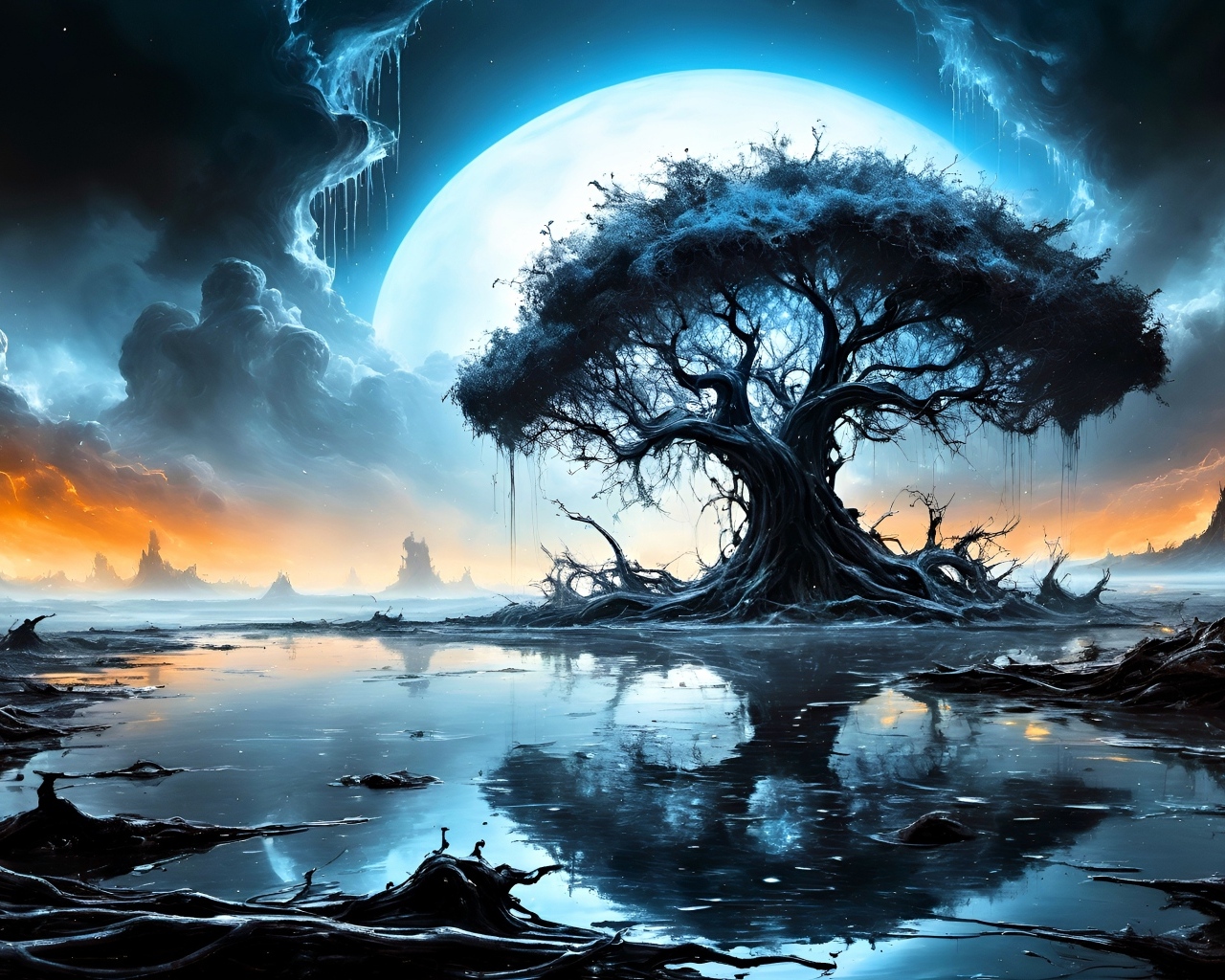 Зловещее дерево на фоне луны в волшебном озере
