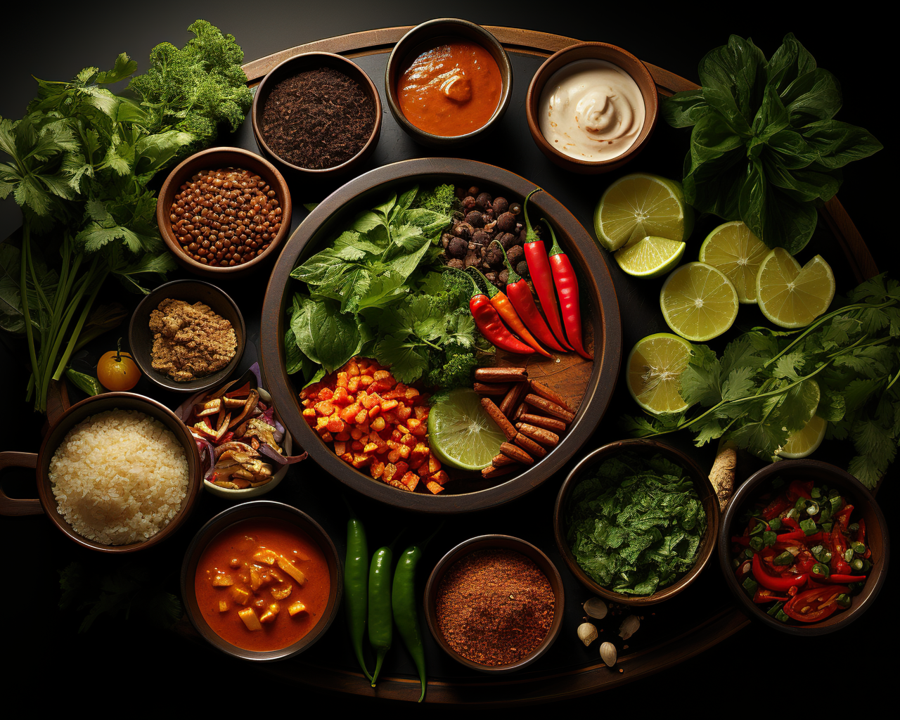 Ароматные специи, зелень и овощи на столе