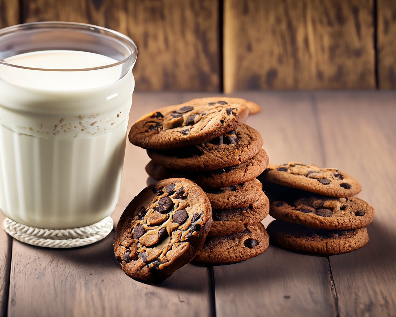Стакан молока с круглым печеньем на столе