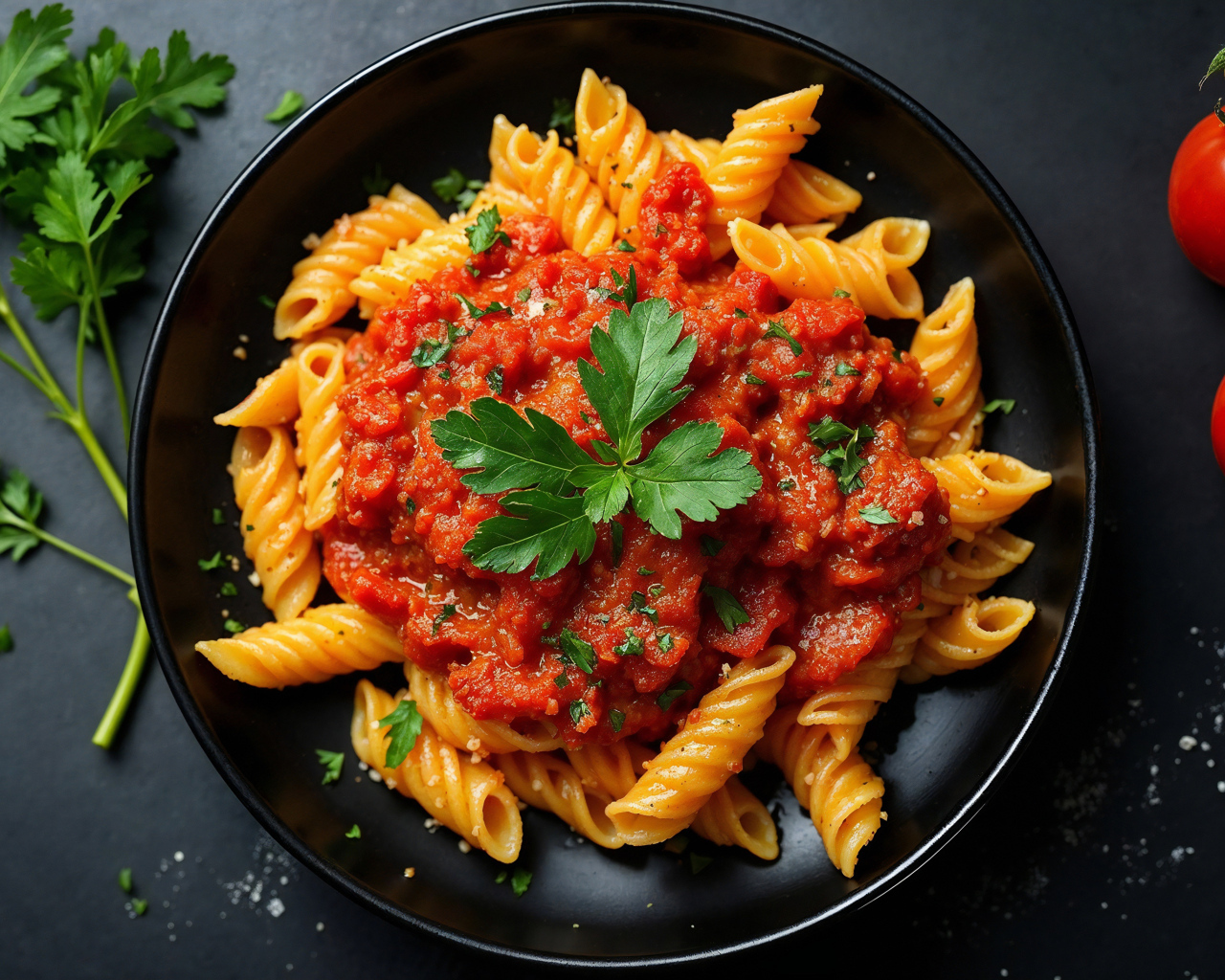 Макароны с томатной пастой на тарелке