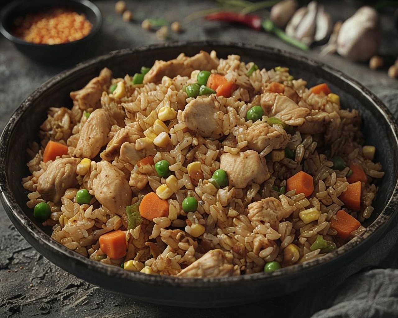 Рис с курицей в сковороде