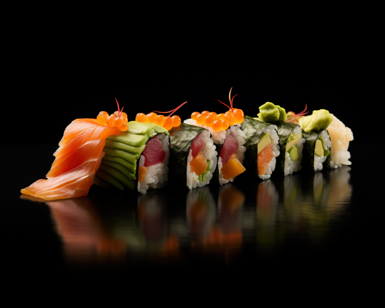 Роллы с красной рыбой и икрой на черном фоне