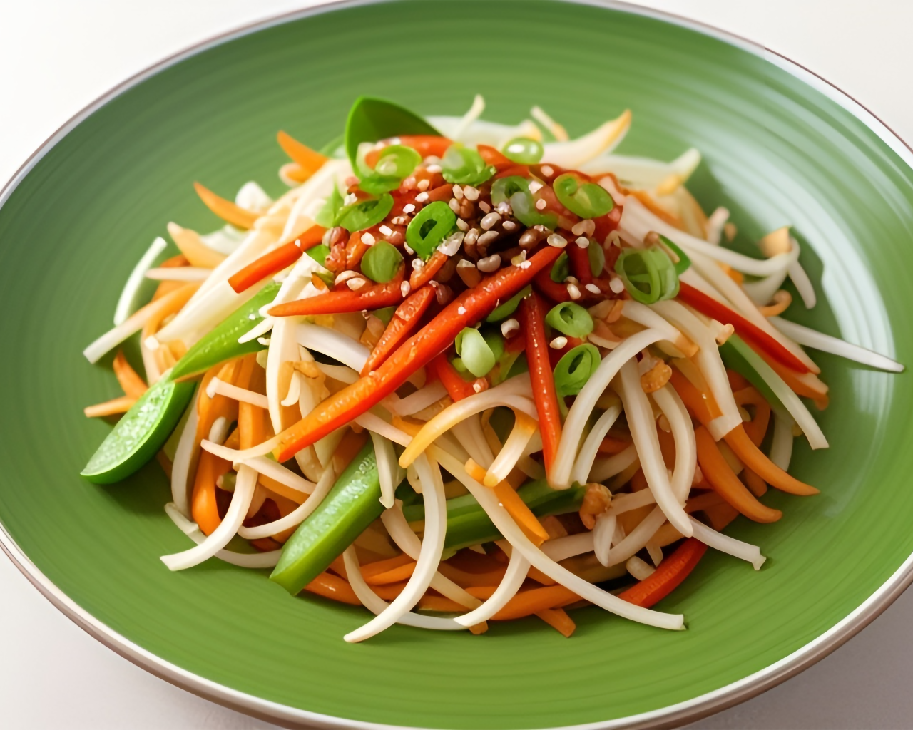 Салат из свежих натертый овощей на зеленой тарелке