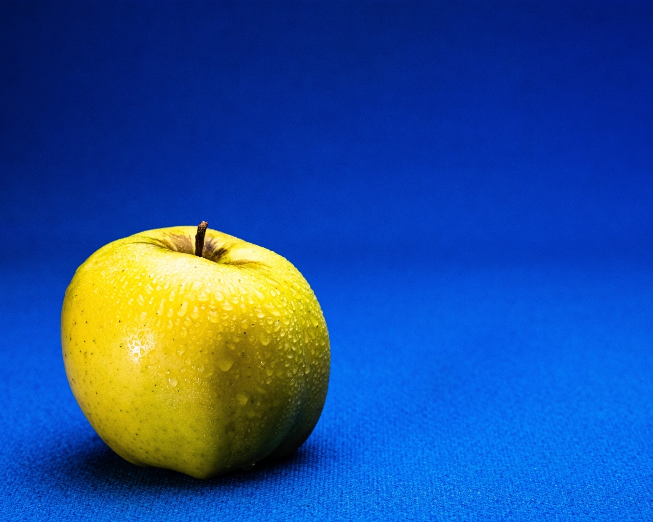 Большое желтое мокрое яблоко на синем фоне
