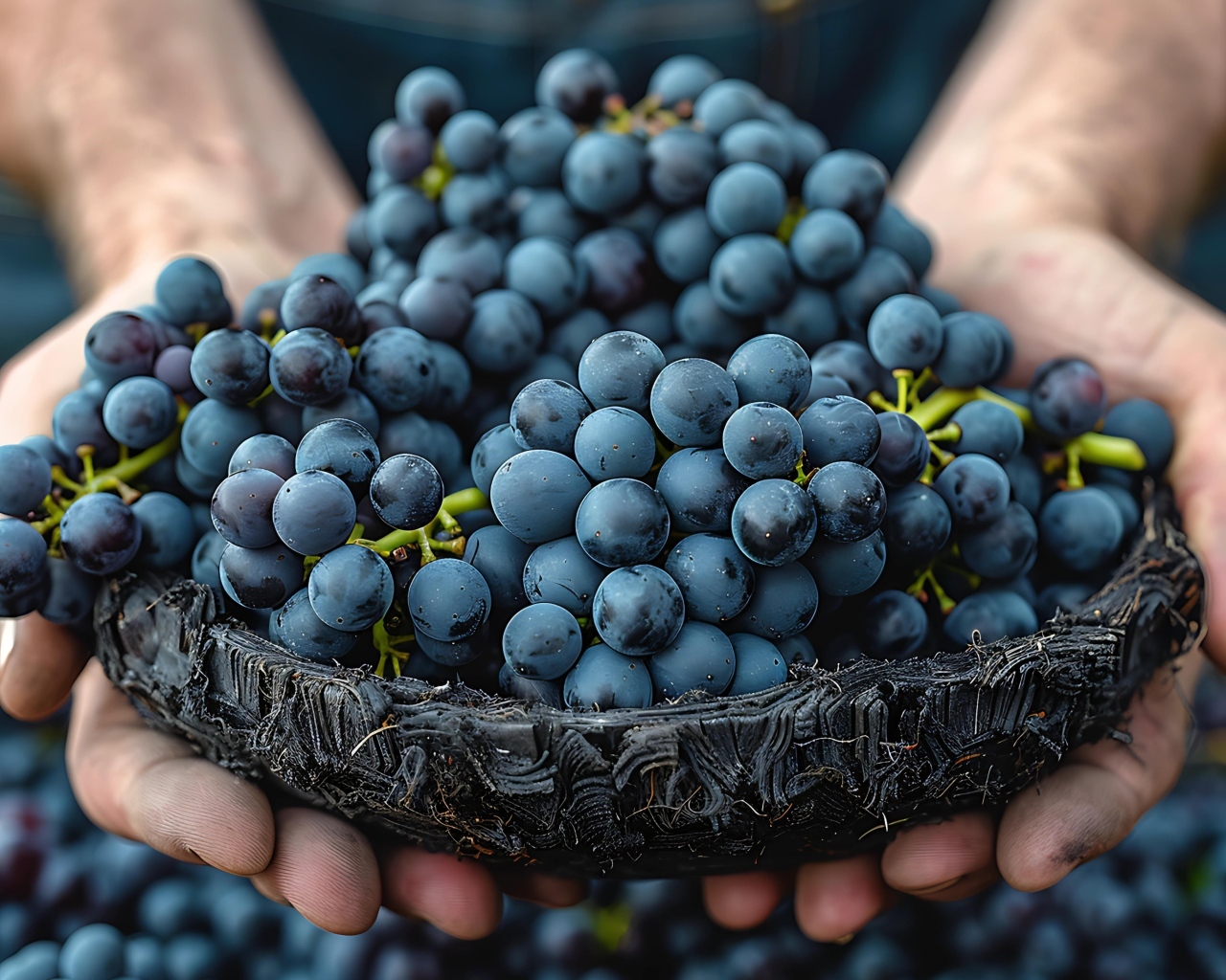 Гроздья синего винограда в руках 