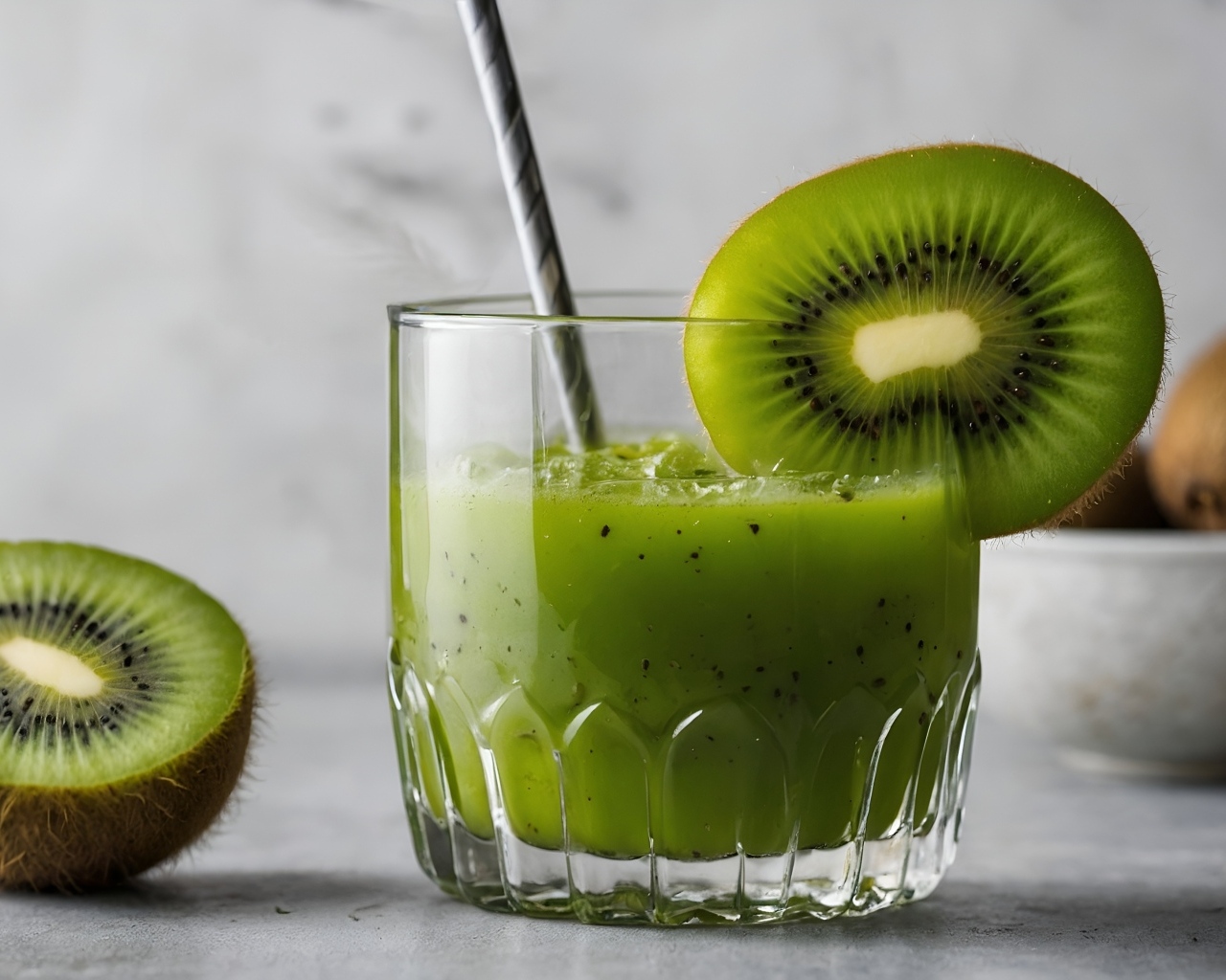 Стакан сока киви на столе с фруктами