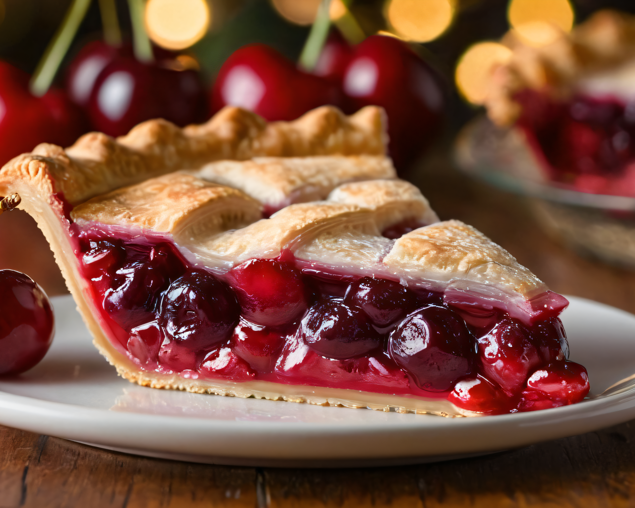 Кусок вишневого пирога на столе с ягодами