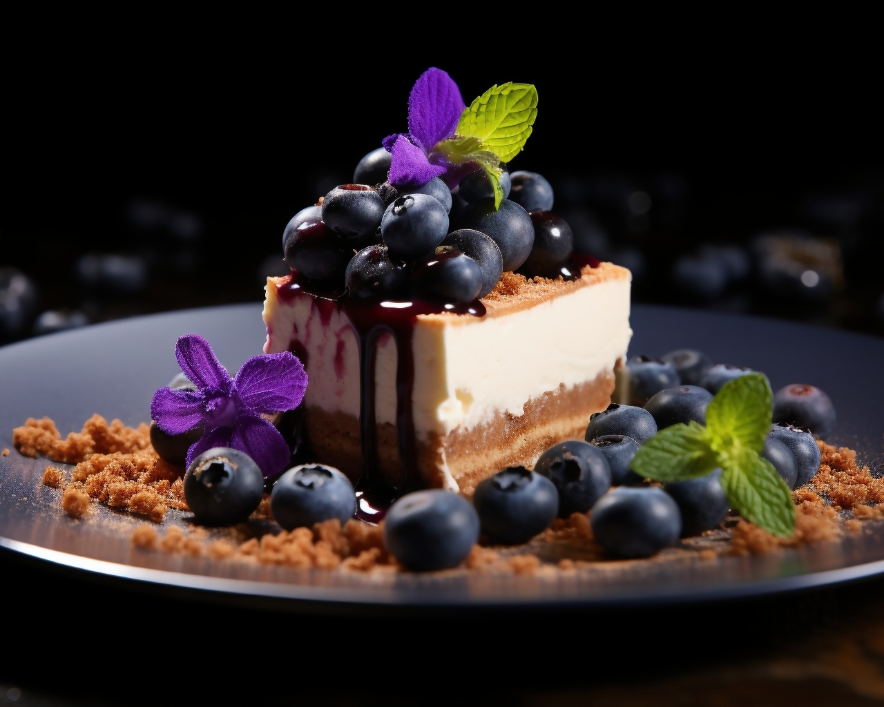 Кусок пирога с ягодами черники и листьями мяты