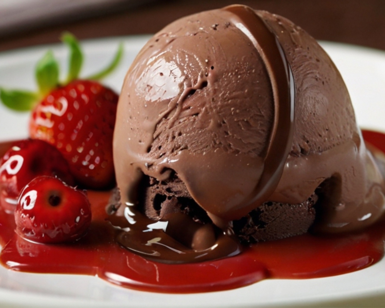 Шарик шоколадного мороженого на тарелке с ягодами клубники