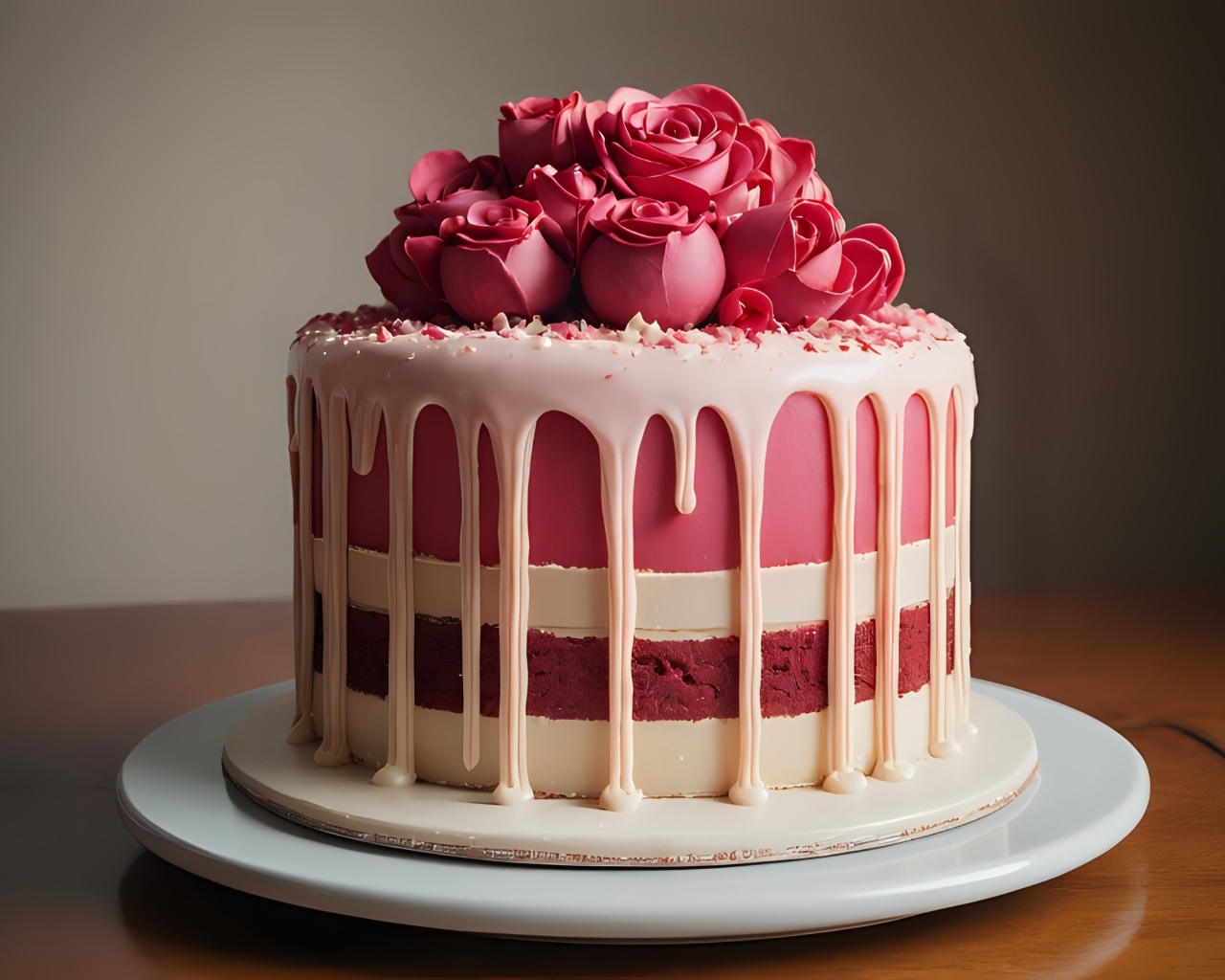Красивый торт с кремовыми розами на тарелке