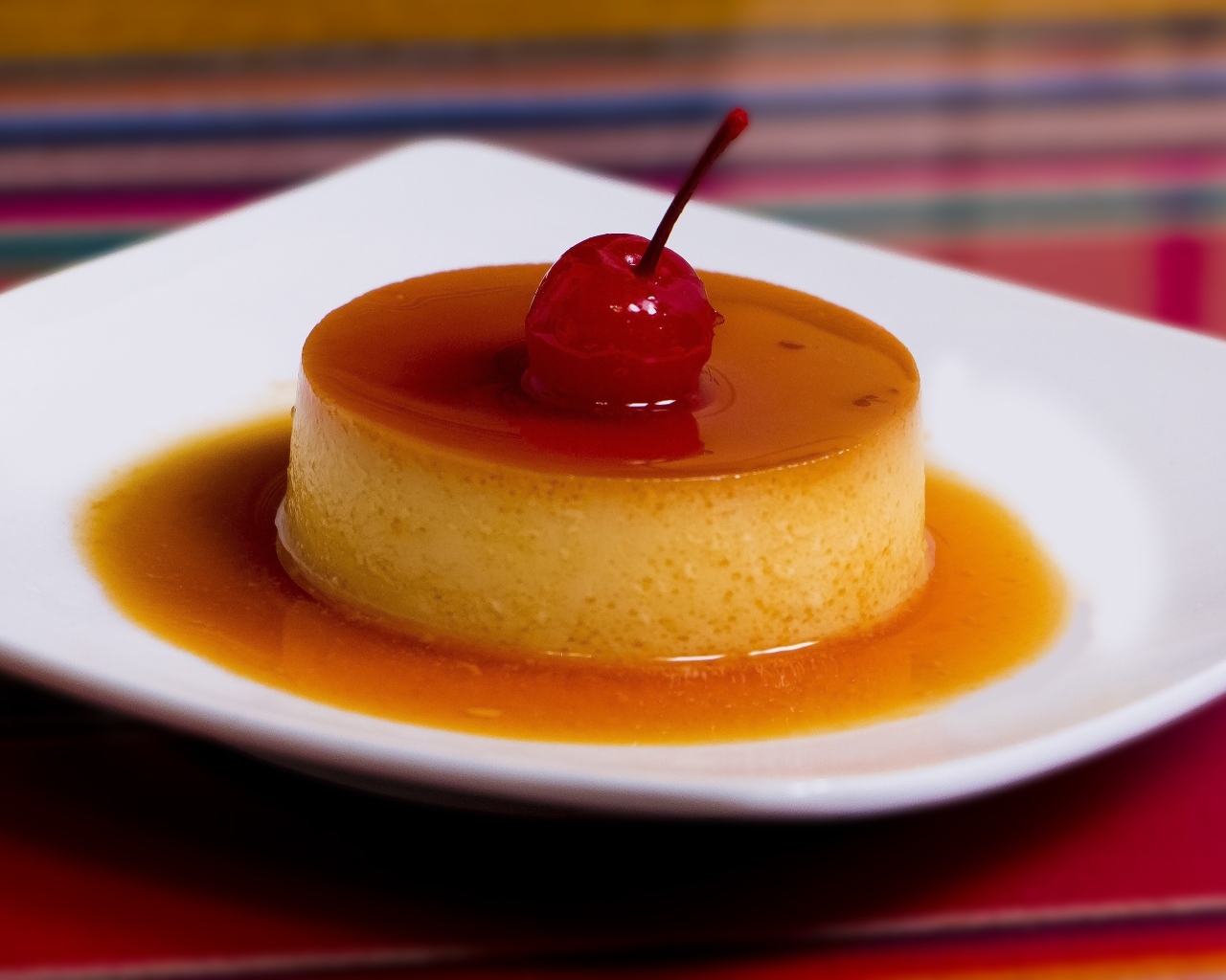 Десерт с сиропом и черешней на белой тарелке