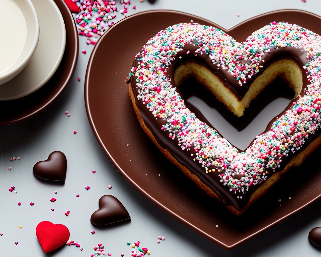 Торт в форме сердца с шоколадом на столе