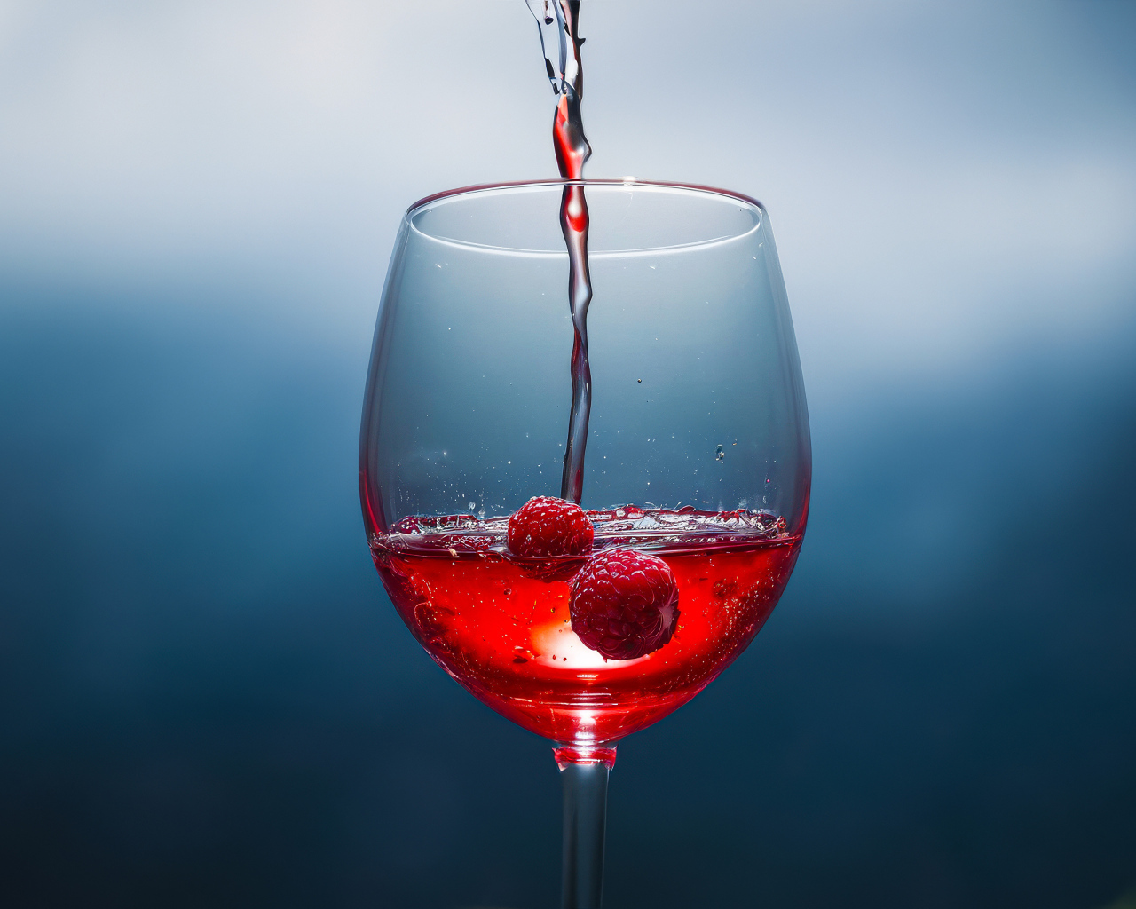 Вино наливают в бокал с ягодами малины на сером фоне