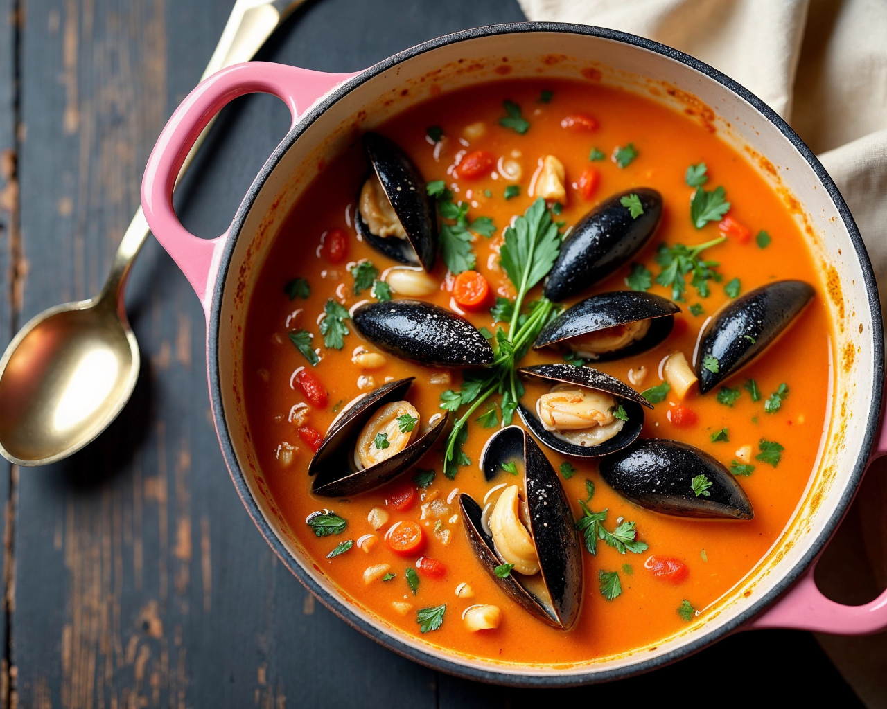 Томатный суп с мидиями на столе