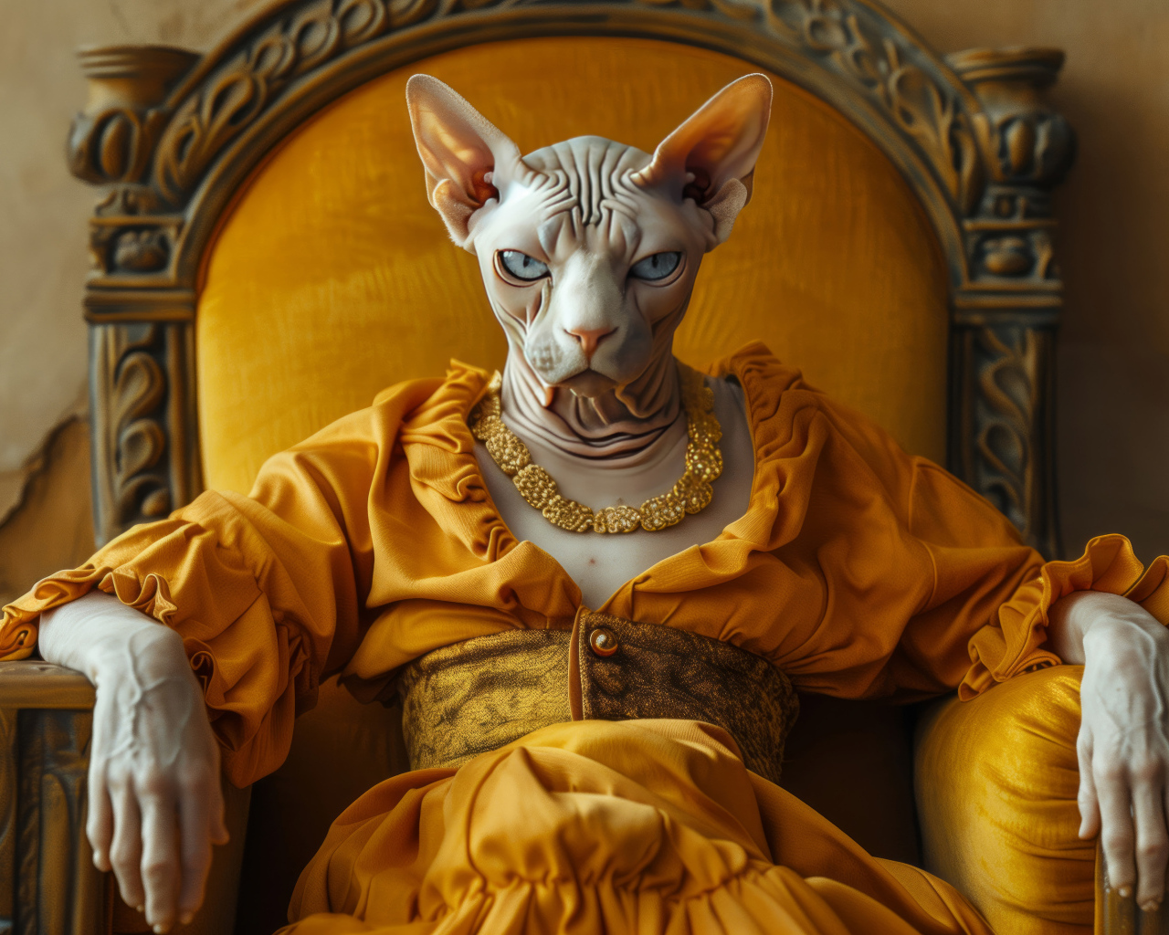 Кот породы сфинкс в платье сидит в кресле