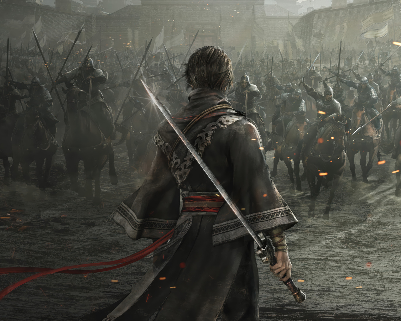 Самурай готовится к битве в компьютерной игре Dynasty Warriors: Origins