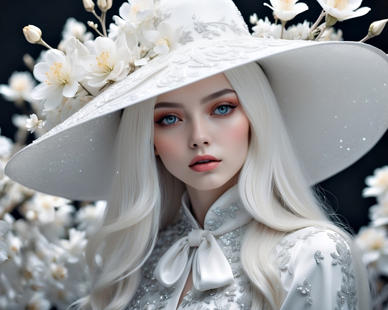 Красивая девушка 3д в большой шляпе с белыми цветами
