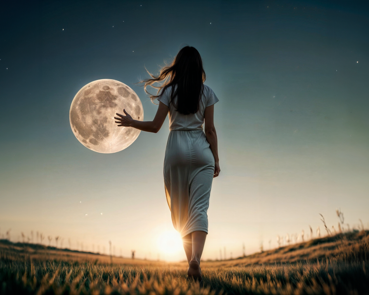 Девушка трогает луну рукой