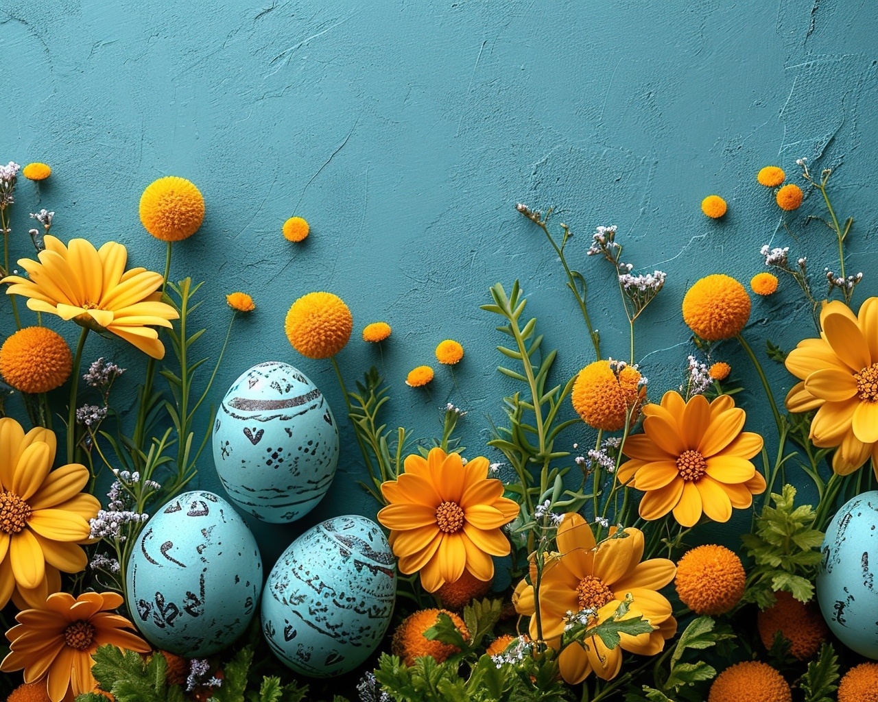 Синий фон с цветами и яйцами на Пасху