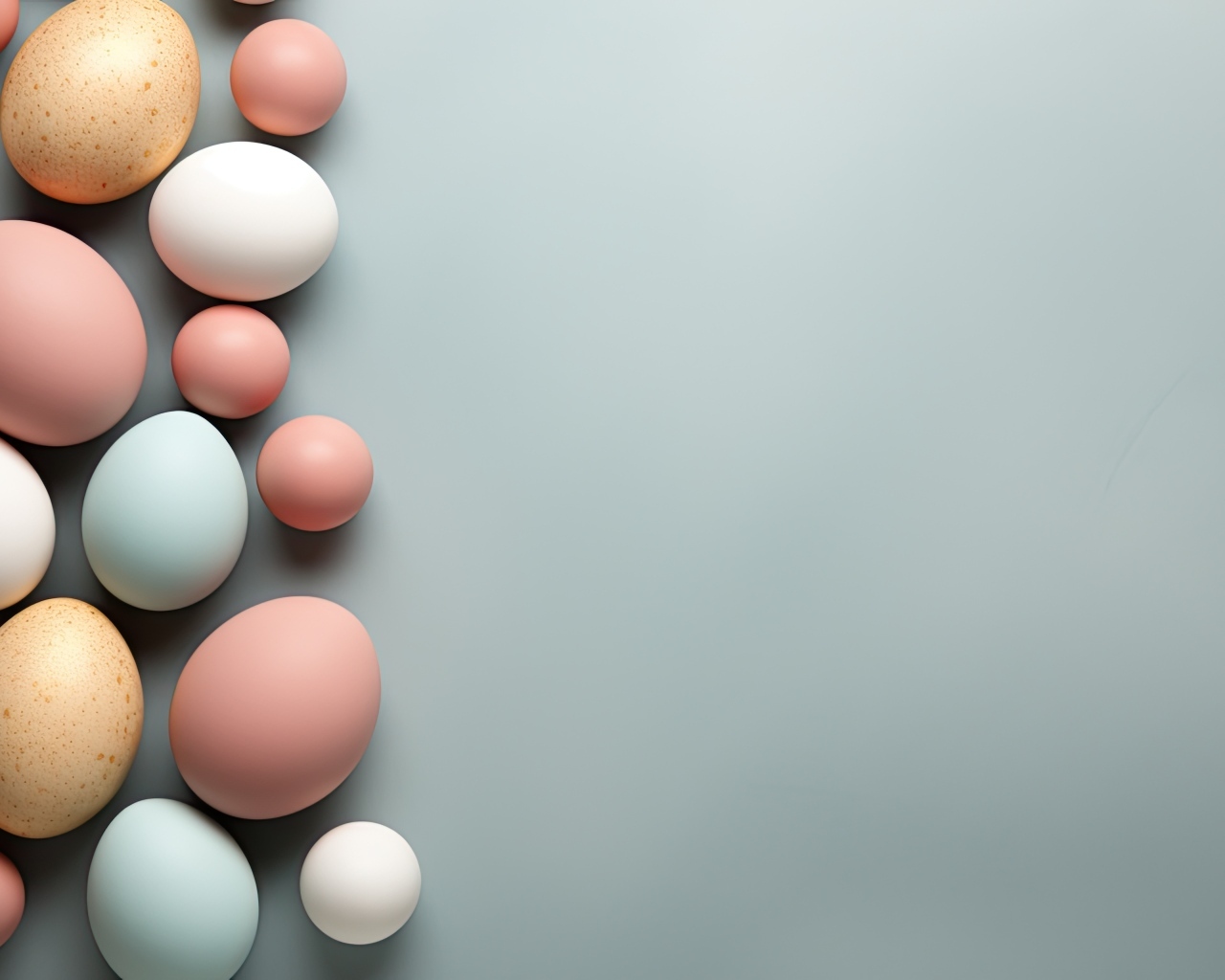 Много разноцветных яиц на сером фоне