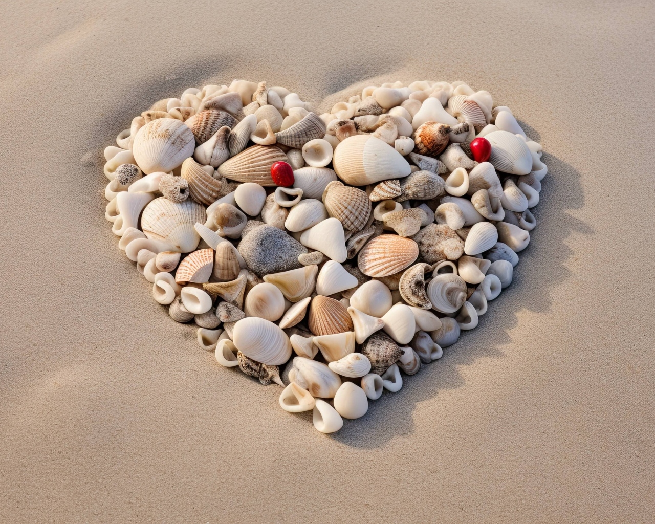Красивое сердце из маленьких ракушек на песке