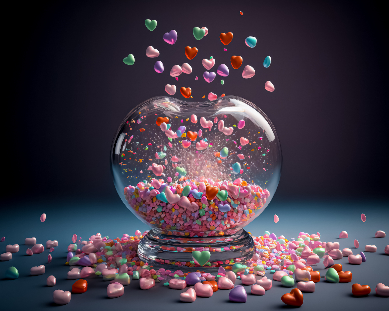 Стеклянный сосуд с маленькими разноцветными сердечками
