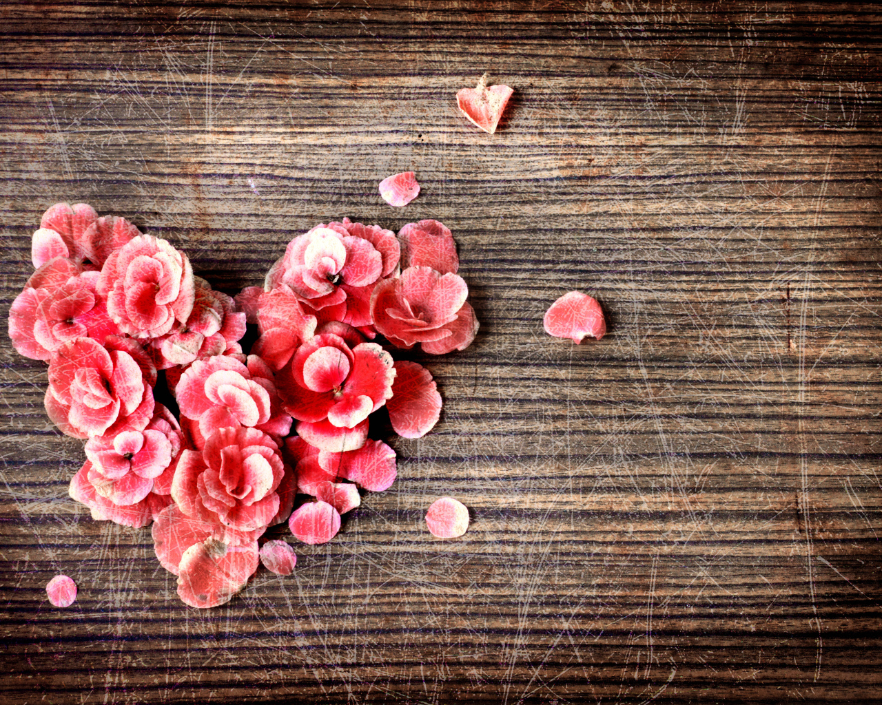 Сердце из цветов на деревянном фоне с царапинами