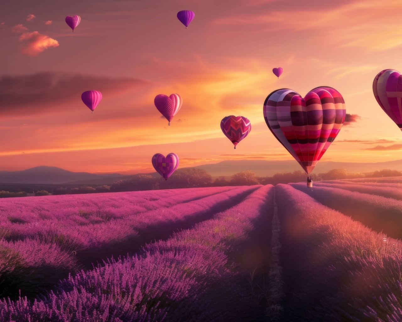 Воздушные шары в форме сердца над лавандовым полем
