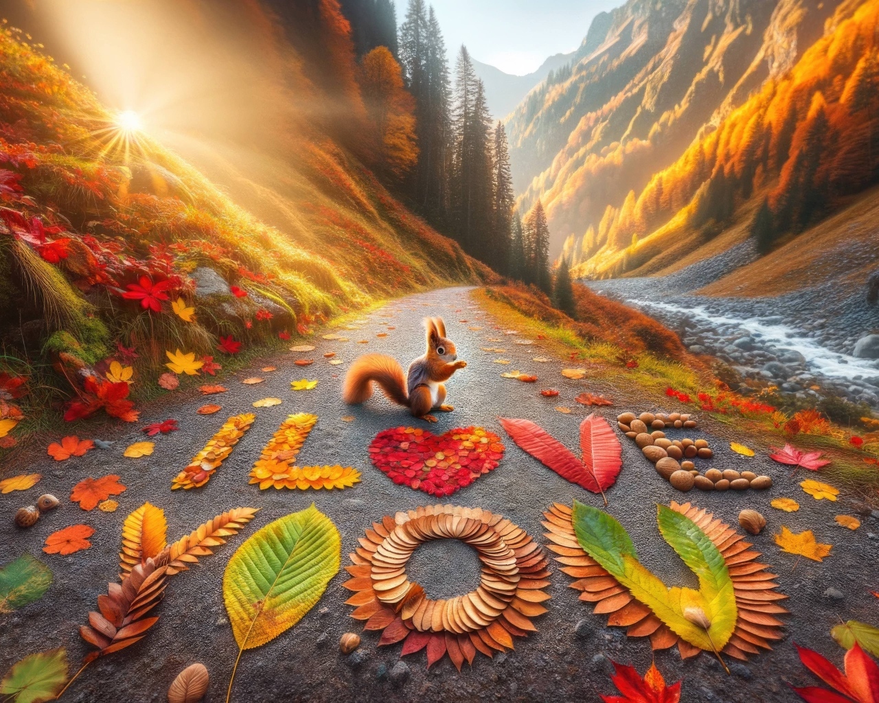 Надпись из листьев на дороге Я тебя люблю