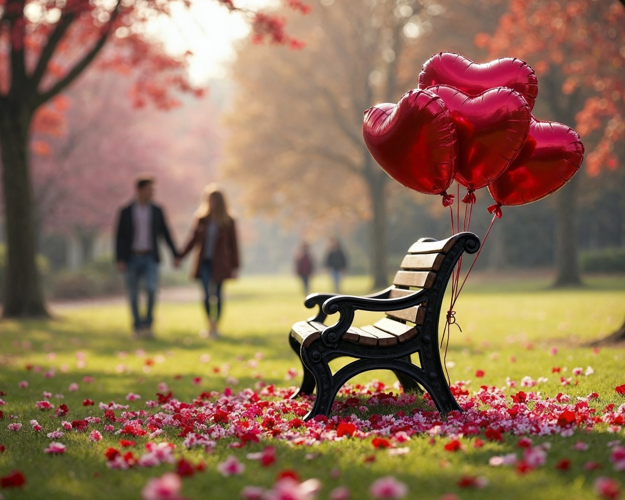 Лавка в парке с шариками в форме сердца