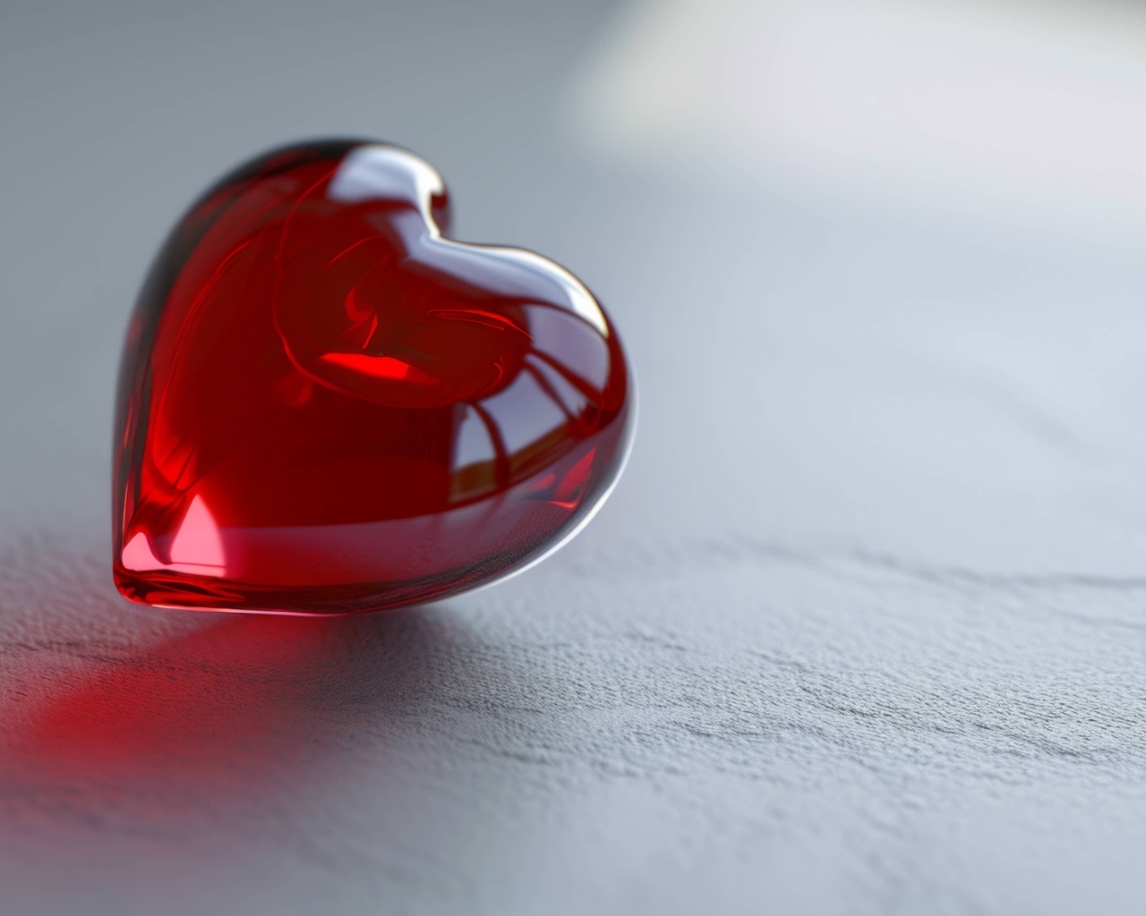 Красное стеклянное сердце на сером столе