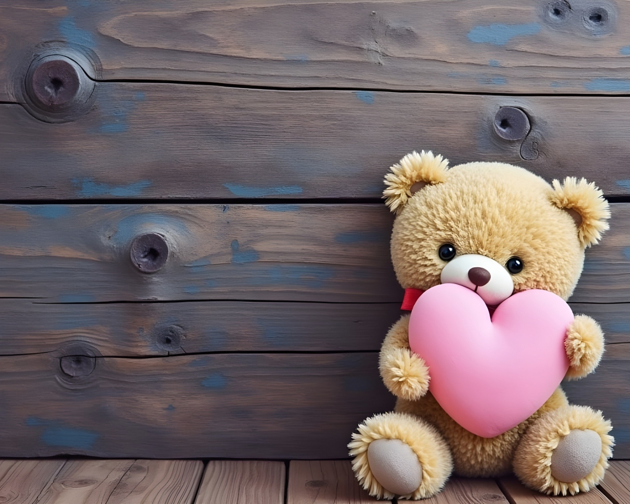 Маленький плюшевый мишка с розовым сердцем у стены