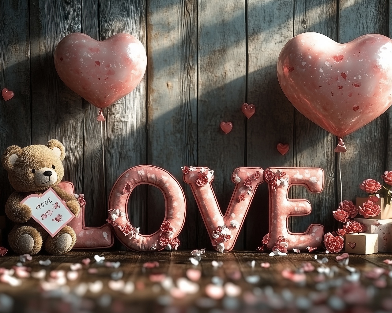 Игрушки, воздушные шары и надпись любовь у деревянной стены