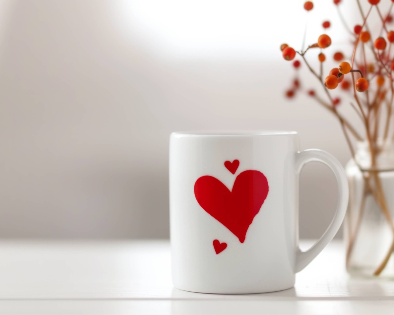 Белая кружка с красным сердцем на столе