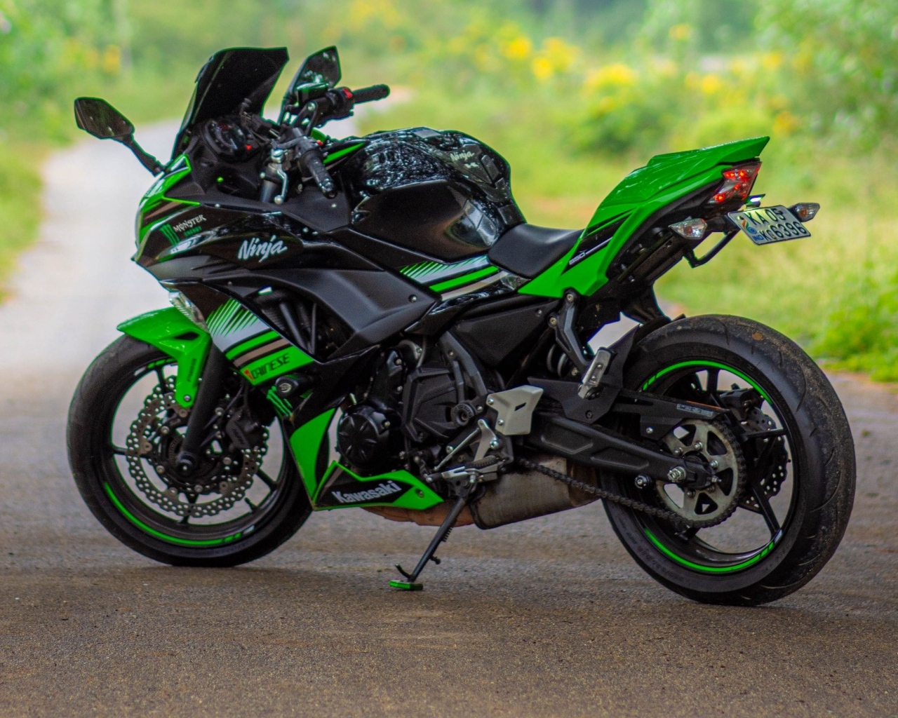 Зеленый мотоцикл kawasaki на дороге