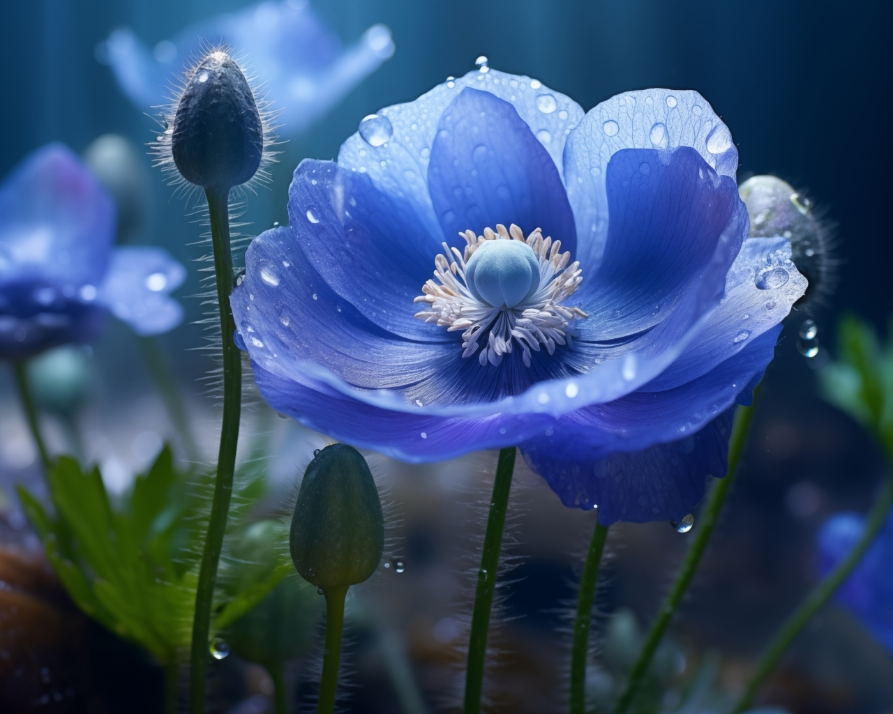 Красивый синий цветок мака с бутонами в каплях воды