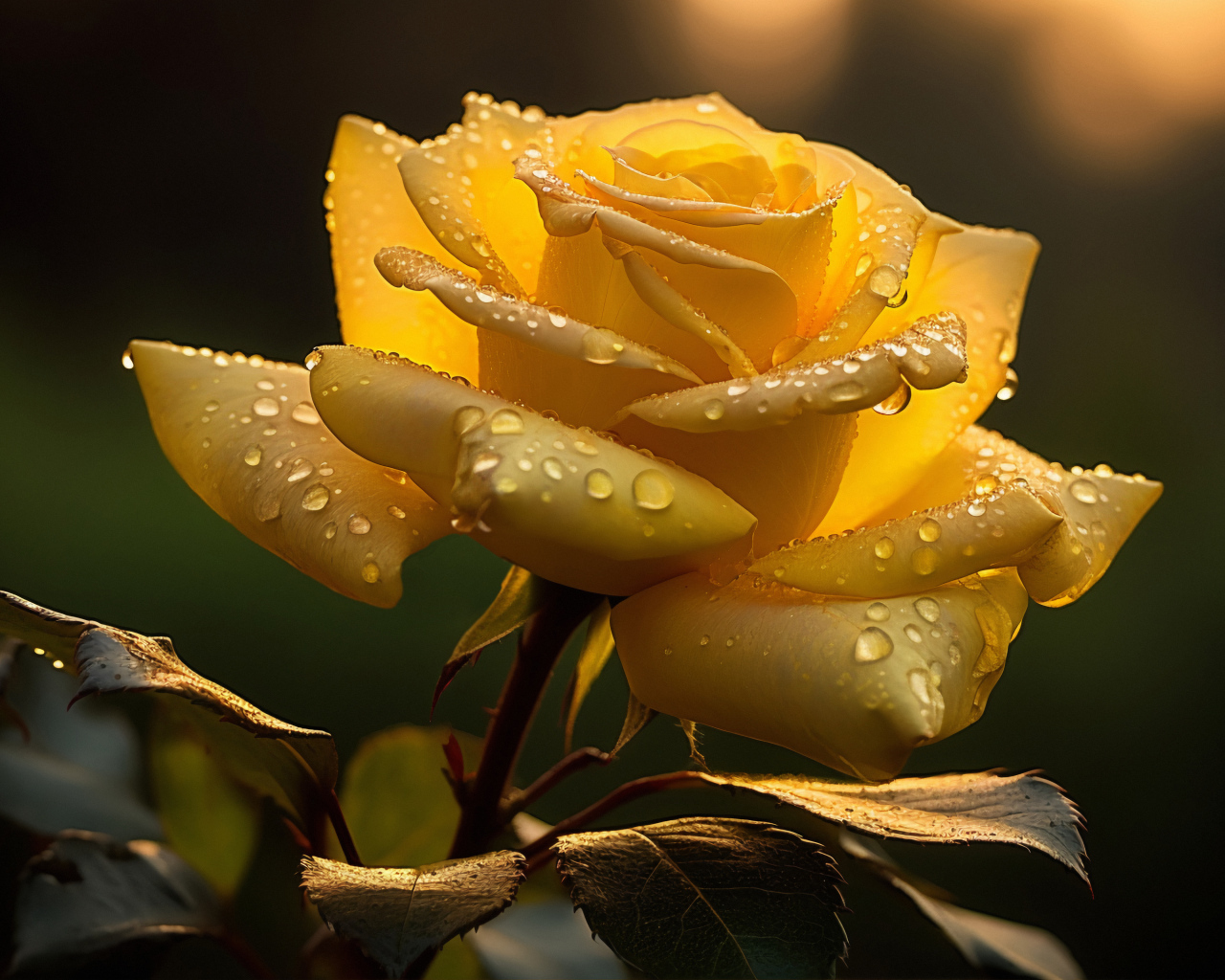 Красивая желтая роза с каплями росы на лепестках