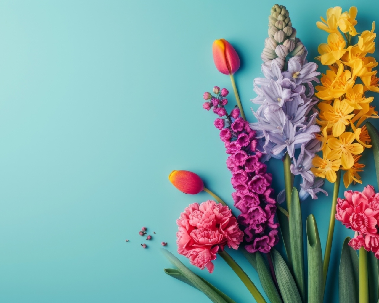 Букет красивых весенних цветов на голубом фоне