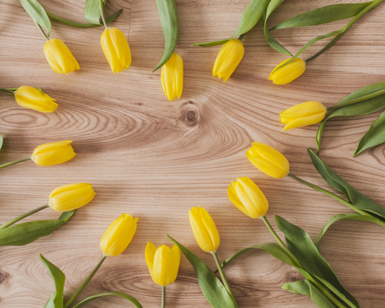 Сердце из желтых тюльпанов на деревянном столе