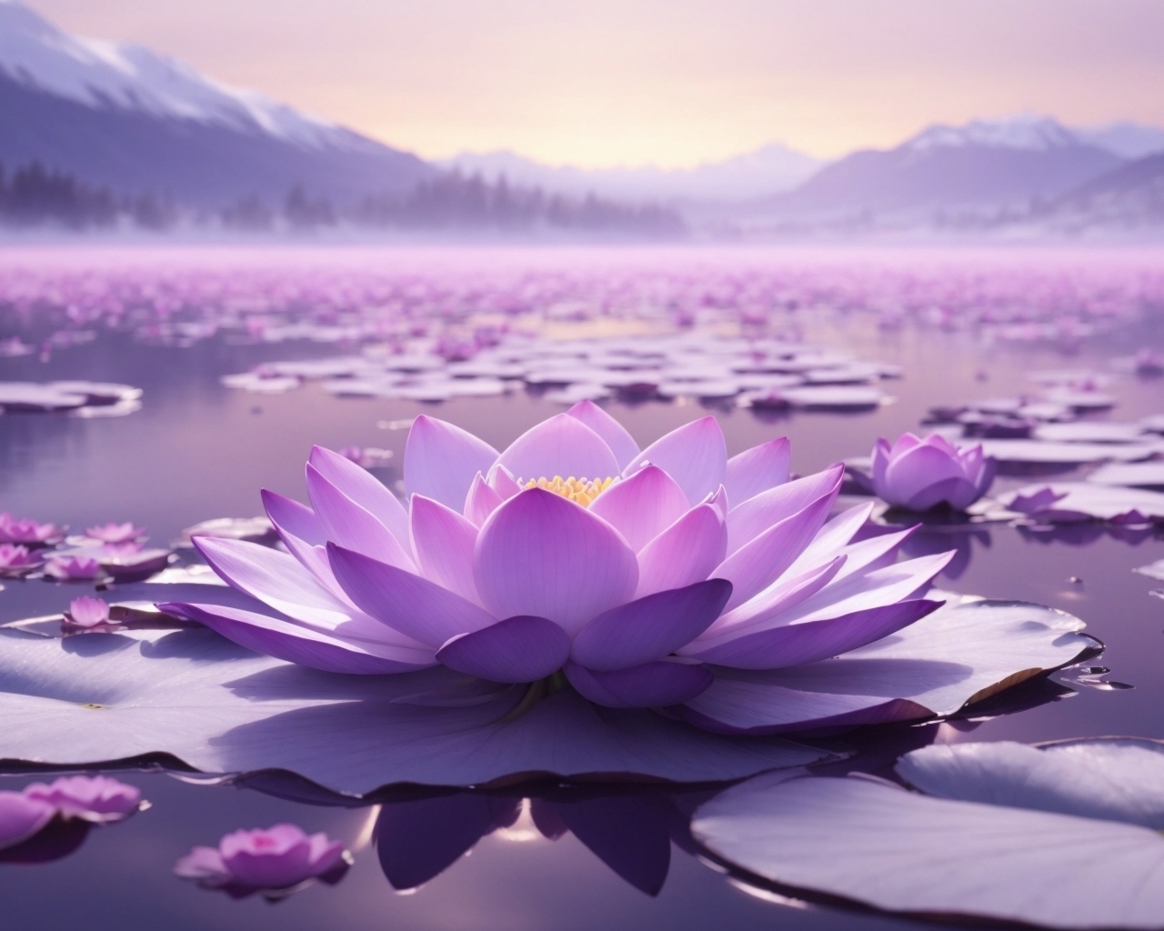 Озеро с крупными розовыми цветами лотоса