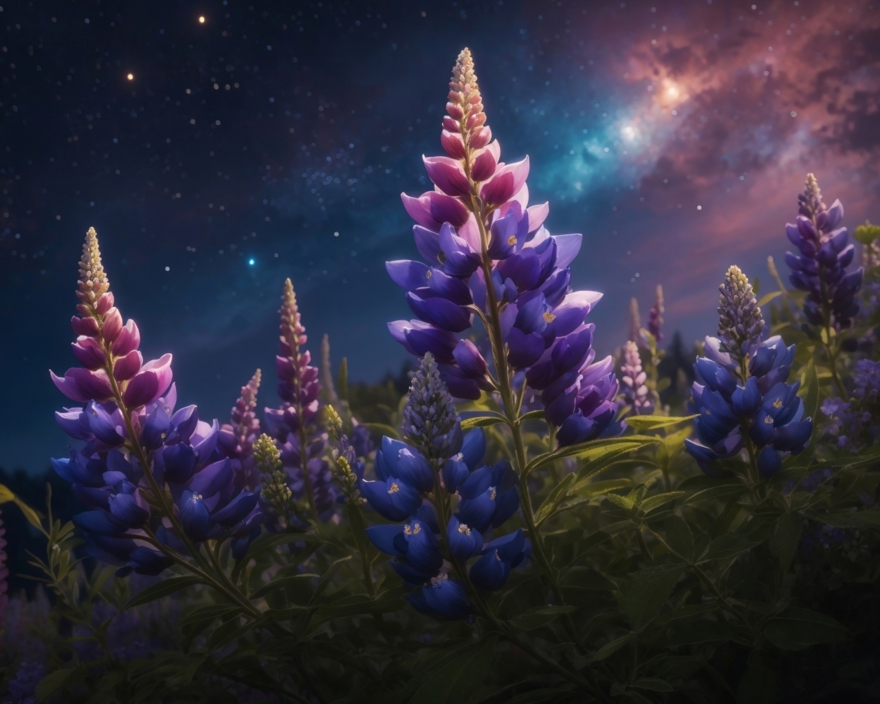 Цветы люпина под красивым ночным небом