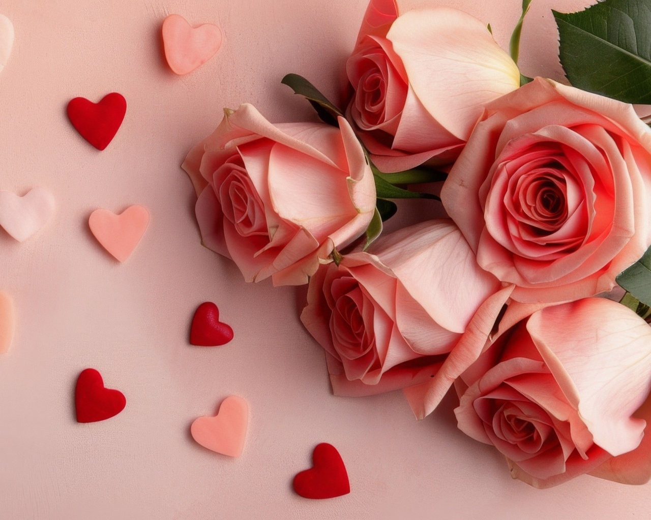 Розовые розы с маленькими сердечками на розовом фоне