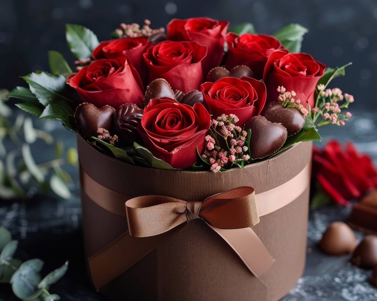 Красные розы в коробке с конфетами