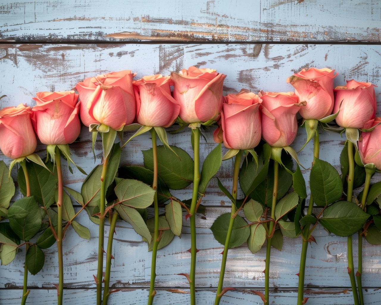 Ряд из розовых роз на деревянном столе