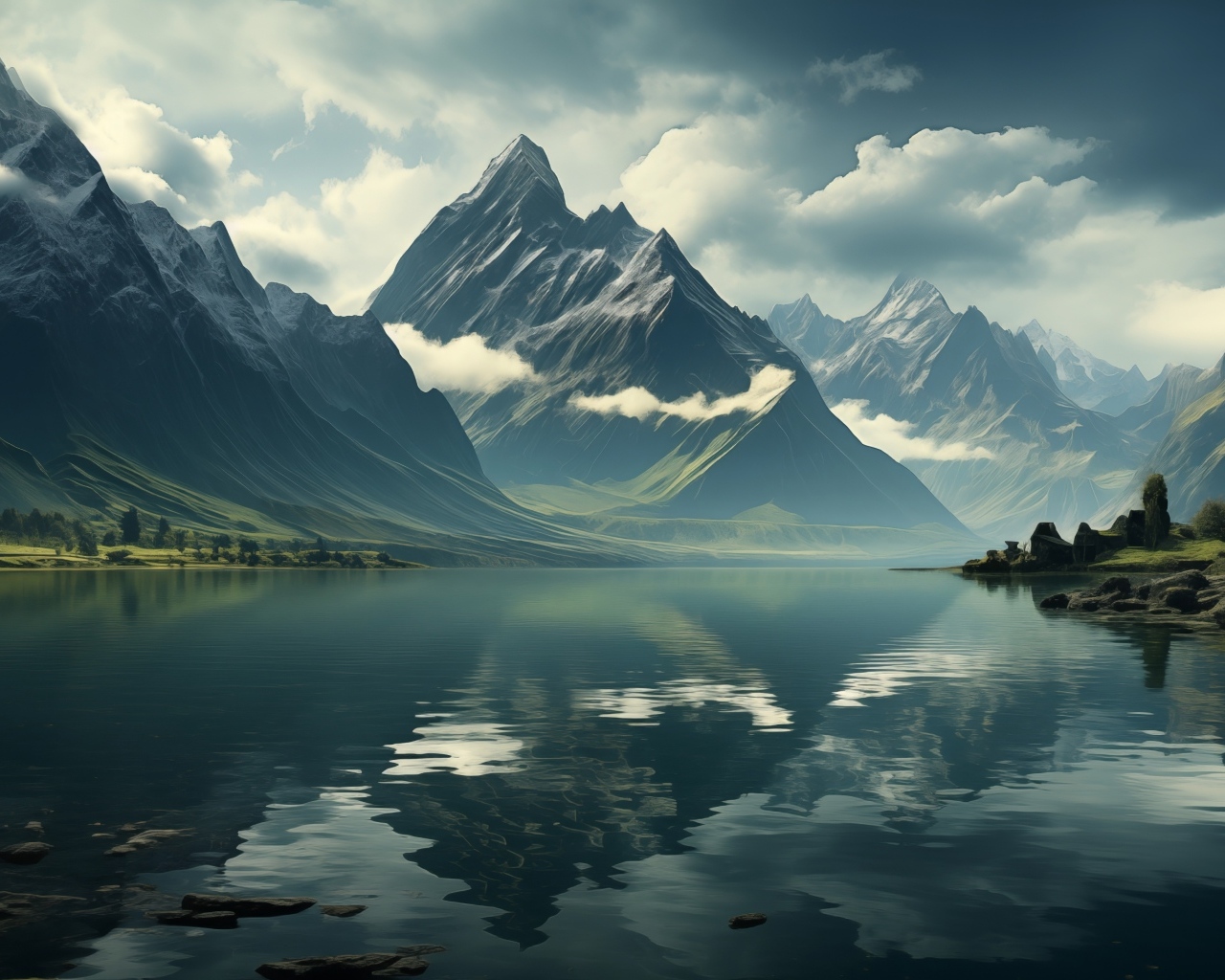 Горы в белых облаках у реки 