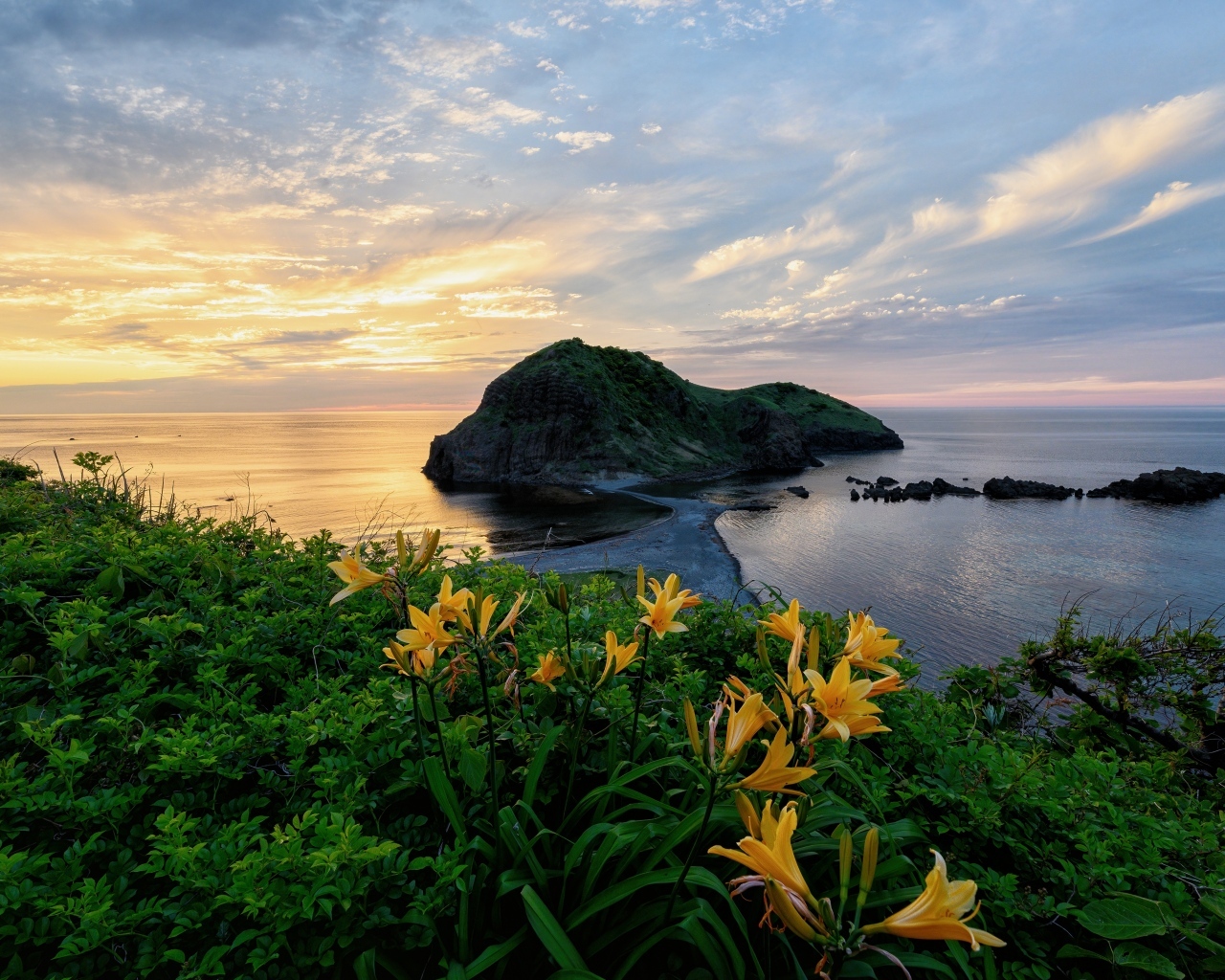 Зеленый остров в океане на закате солнца