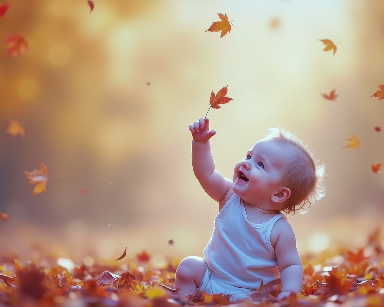 Маленький ребенок сидит на земле с опавшими листьями